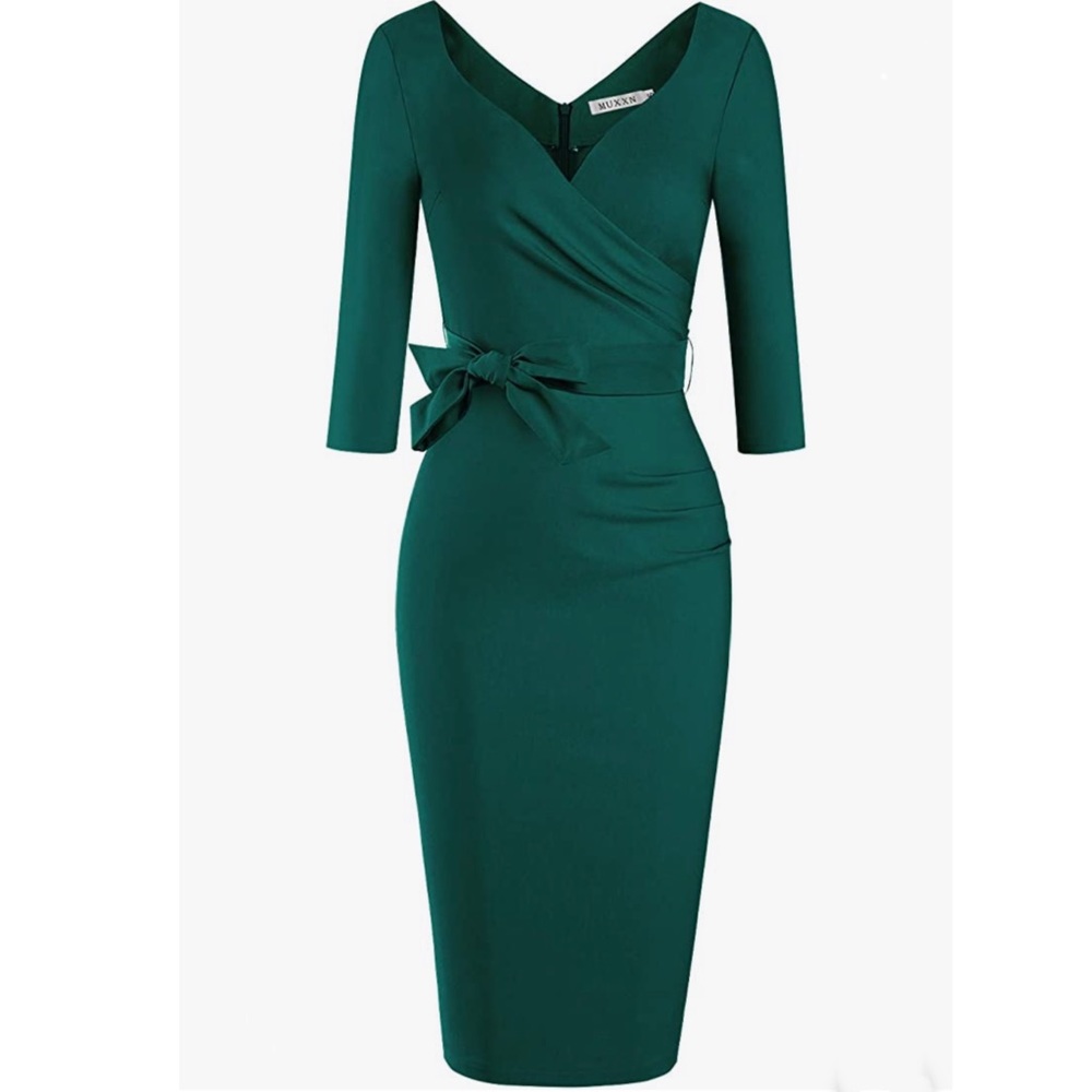 Women's Green Faux Wrap V Neck 3/4 Sleeve ruched Work Belted knee length dress - Picture 2 of 9